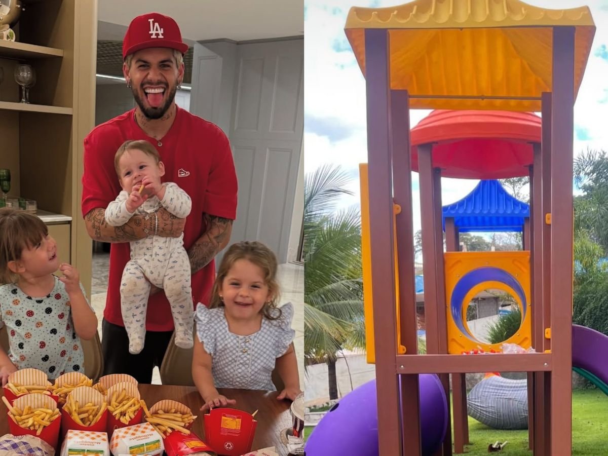 Zé Felipe mostra a montagem do parquinho para os filhos em nova mansão
